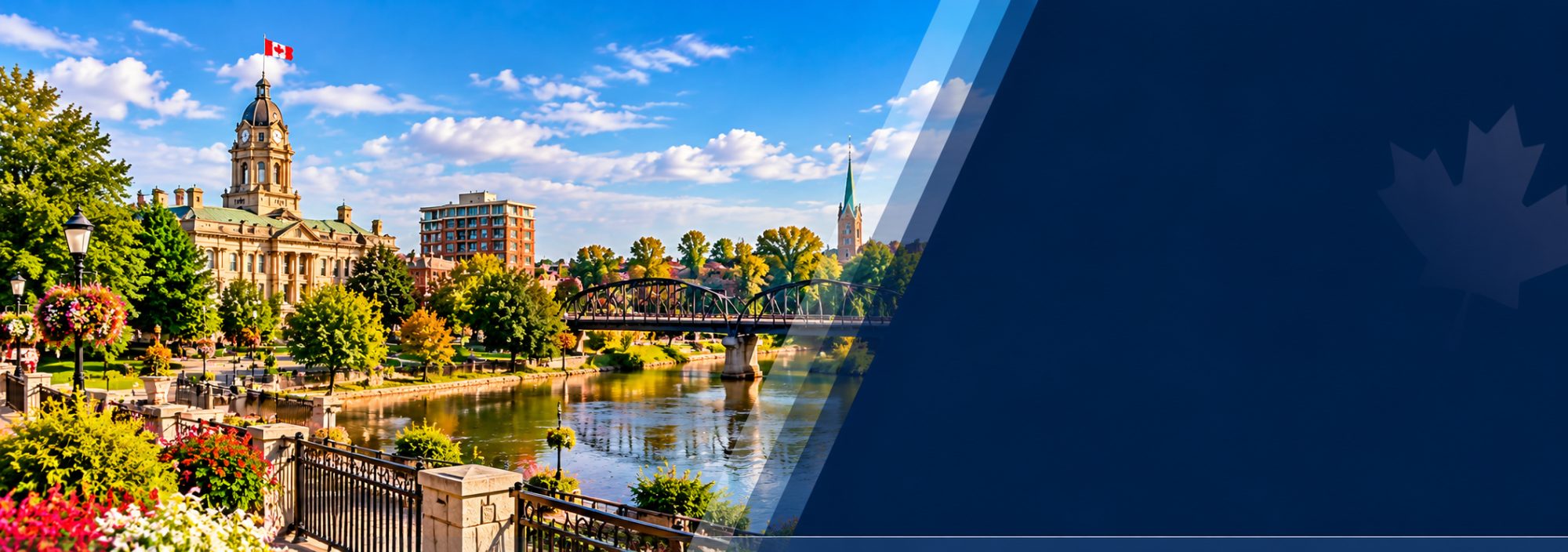 Brantford, Ontario riverfront with the Grand River bridge and historic downtown